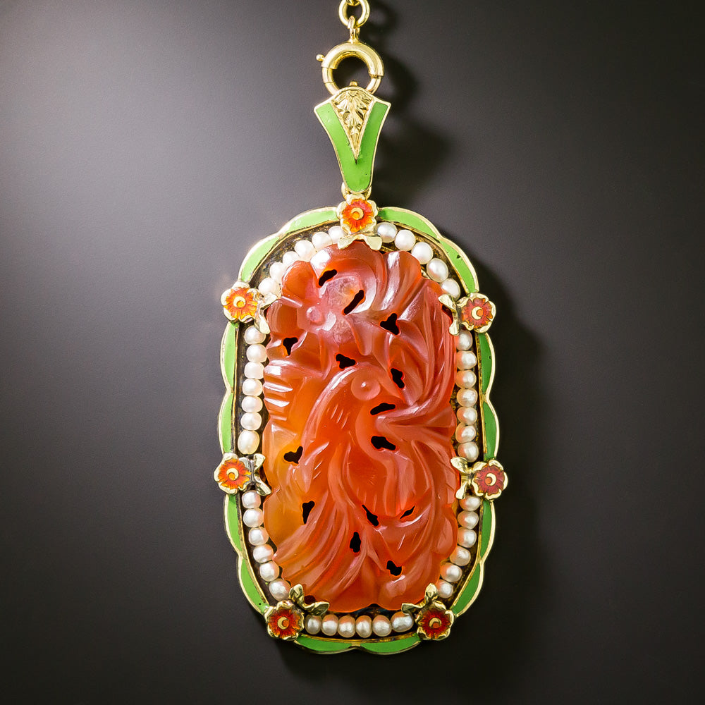Art Deco Carnelian, Seed Pearl and Enamel Necklace - 3
