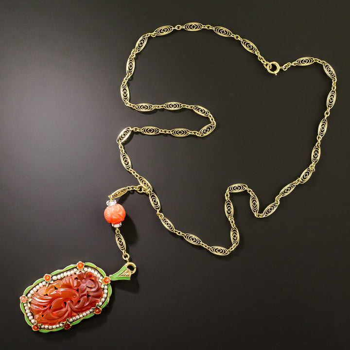 Art Deco Carnelian, Seed Pearl and Enamel Necklace