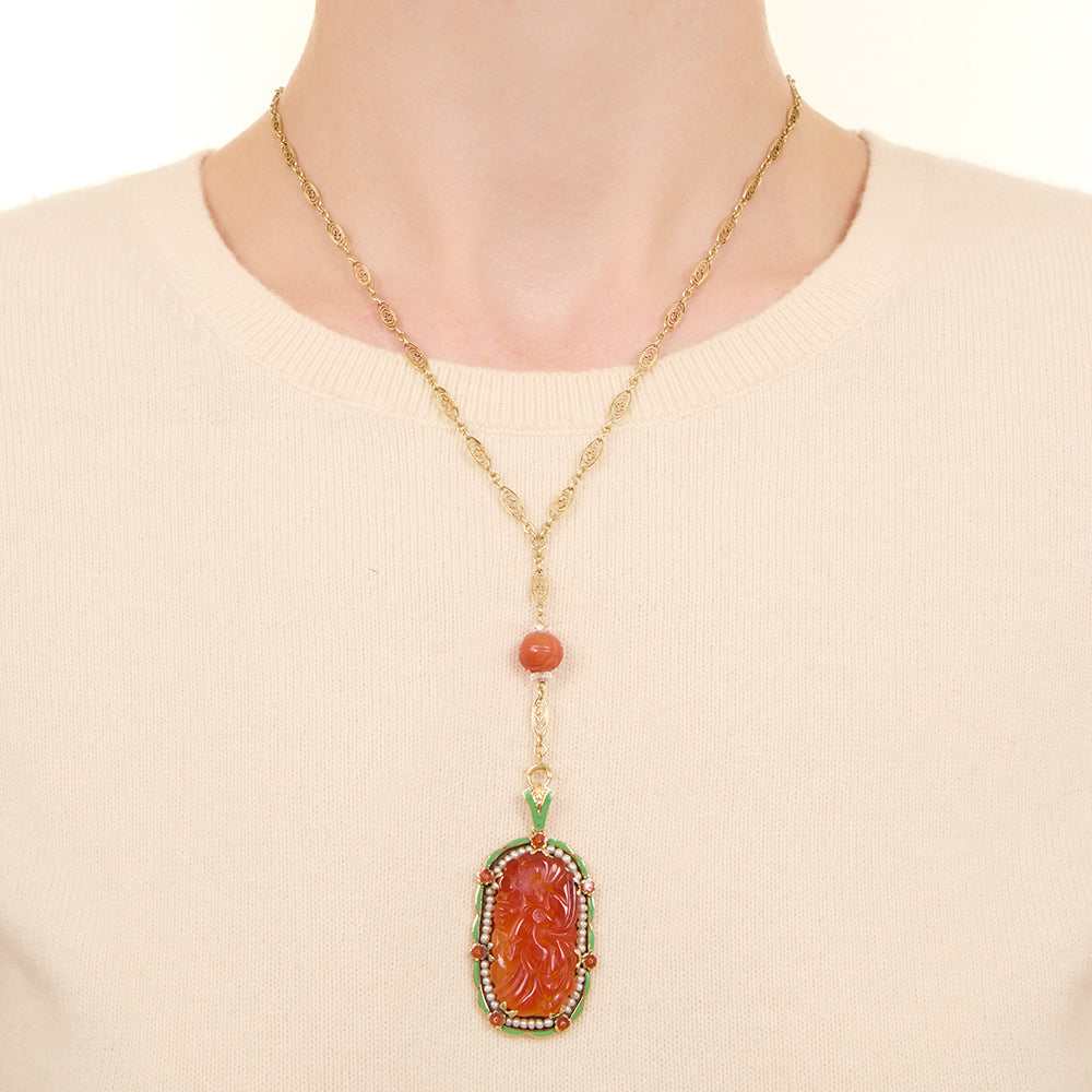 Art Deco Carnelian, Seed Pearl and Enamel Necklace - 5