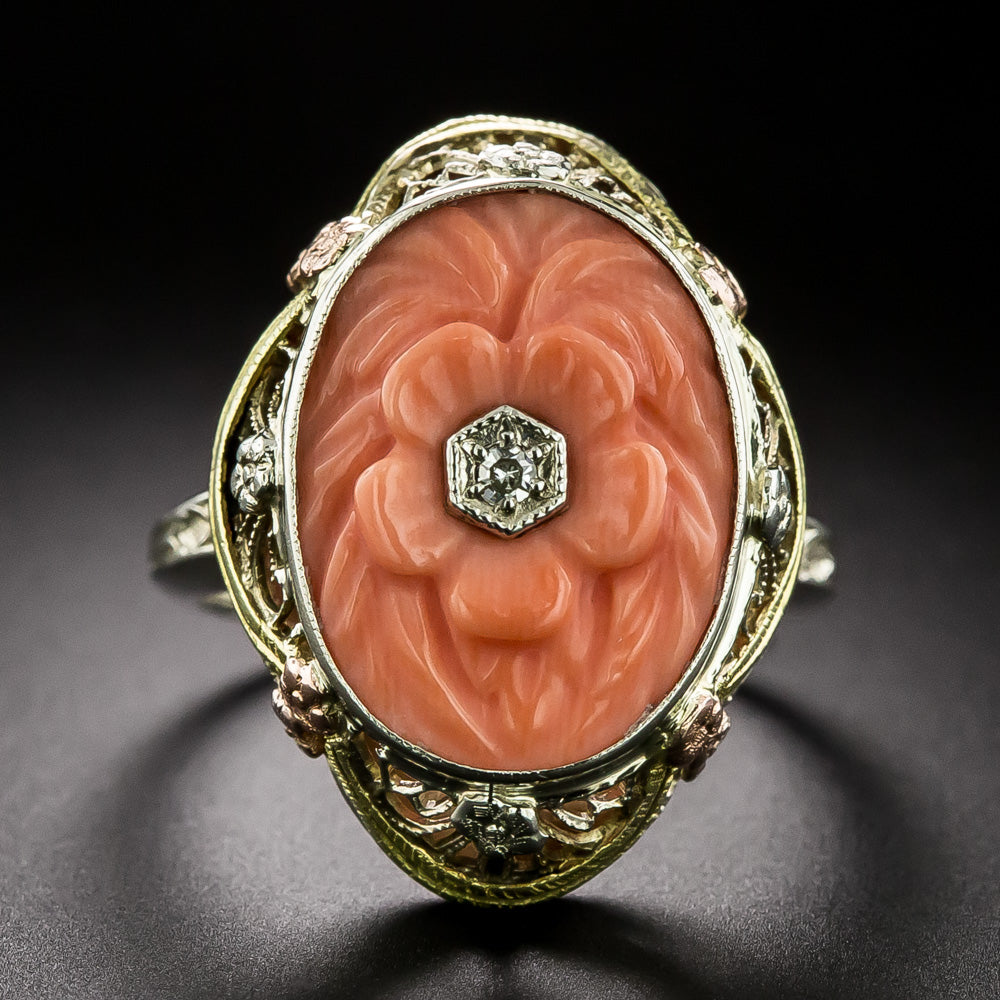 Art Deco Carved Coral Flower Filigree Ring - 2