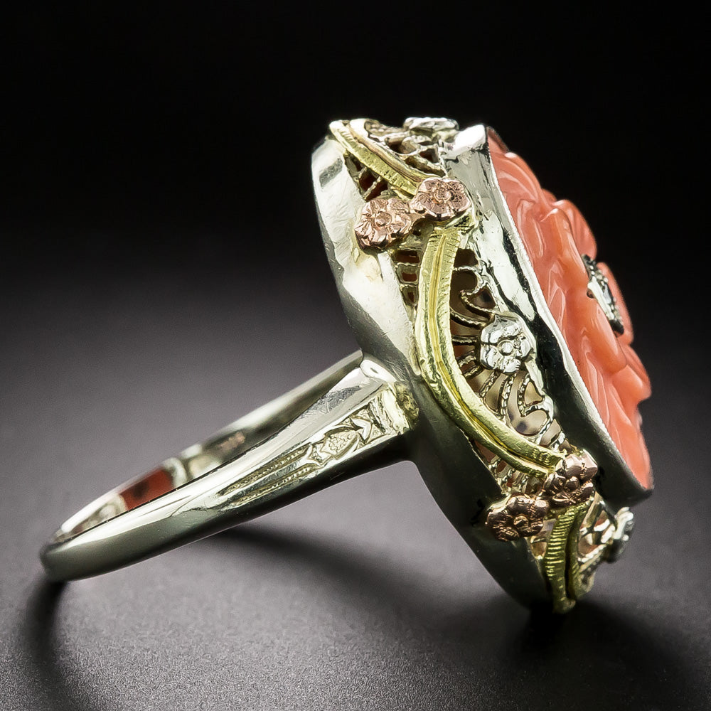 Art Deco Carved Coral Flower Filigree Ring - 3