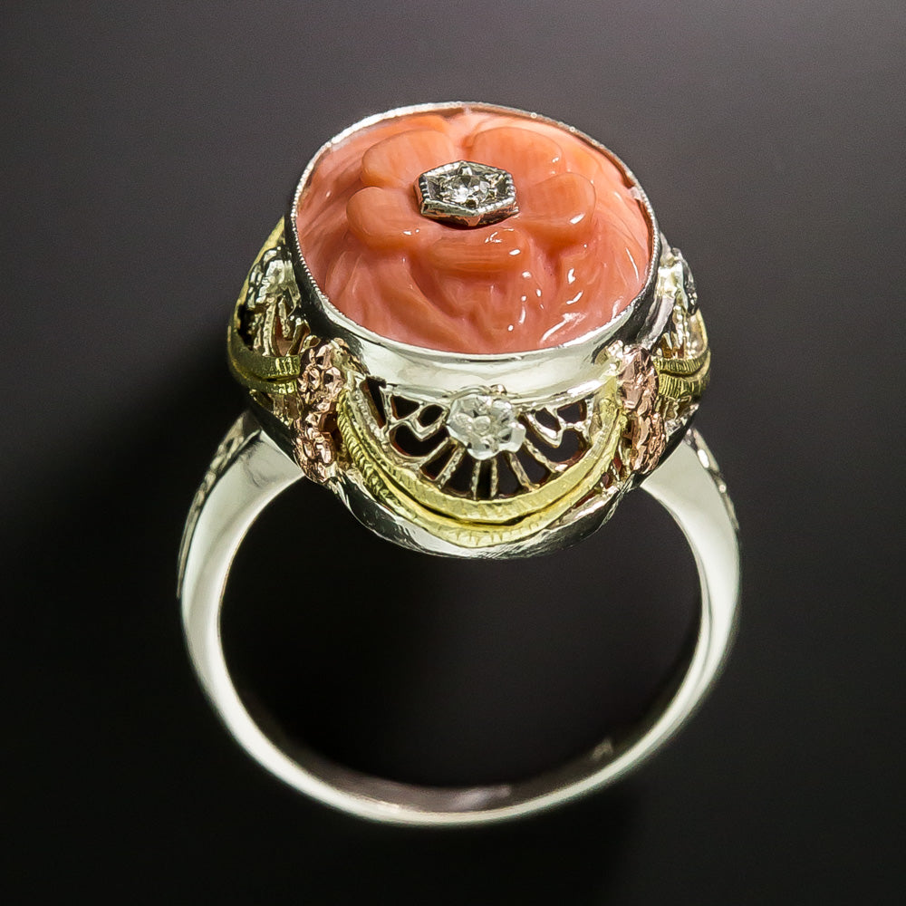 Art Deco Carved Coral Flower Filigree Ring - 4