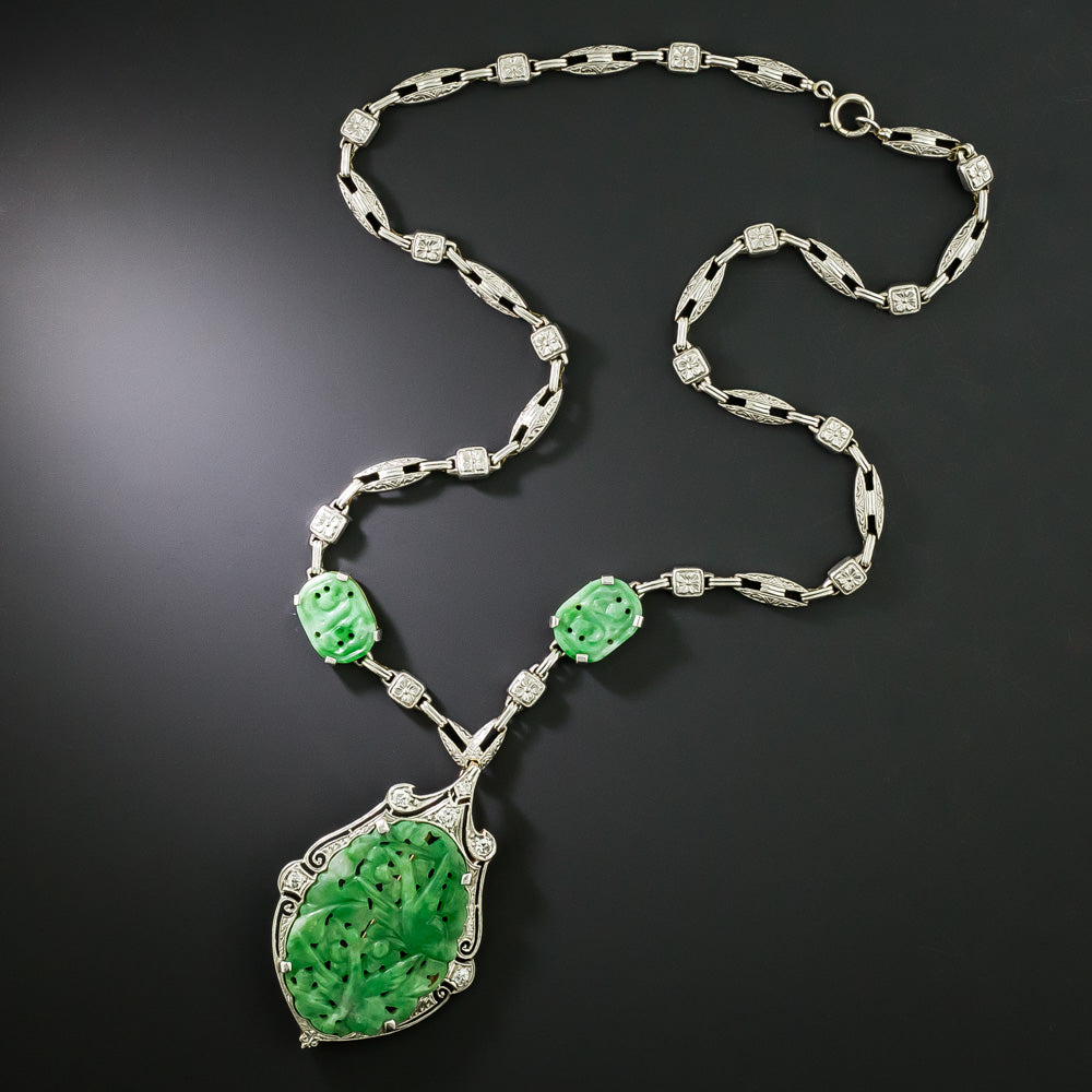 Art Deco Carved Natural Jade Necklace/Brooch - 3