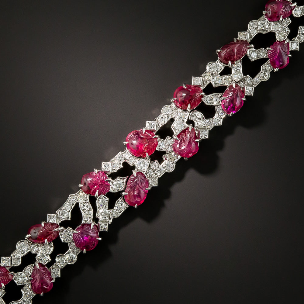 Art Deco Carved Ruby and Diamond Bracelet by Trabert & Hoeffer