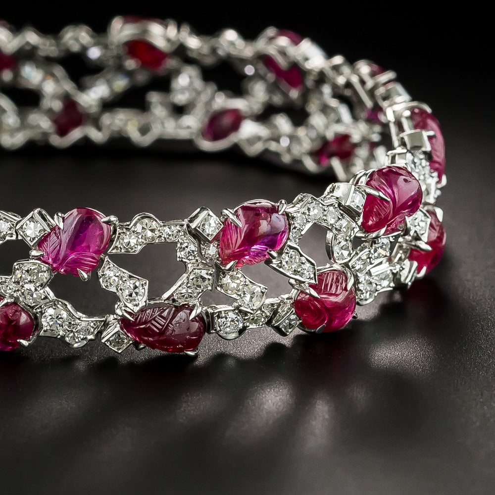 Art Deco Carved Ruby and Diamond Bracelet By Trabert & Hoeffer, Mauboussin* - 3