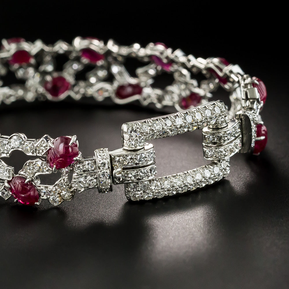 Art Deco Carved Ruby and Diamond Bracelet By Trabert & Hoeffer, Mauboussin* - 4