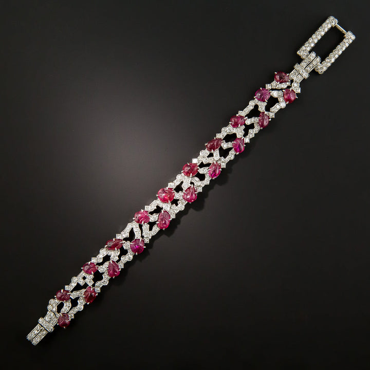 Art Deco Carved Ruby and Diamond Bracelet By Trabert & Hoeffer, Mauboussin*