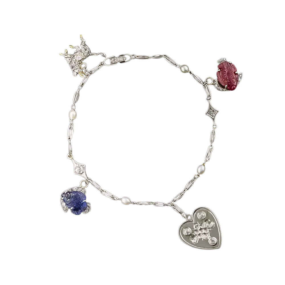 Art Deco Carved Ruby And Sapphire And Diamond Charm Bracelet - 2