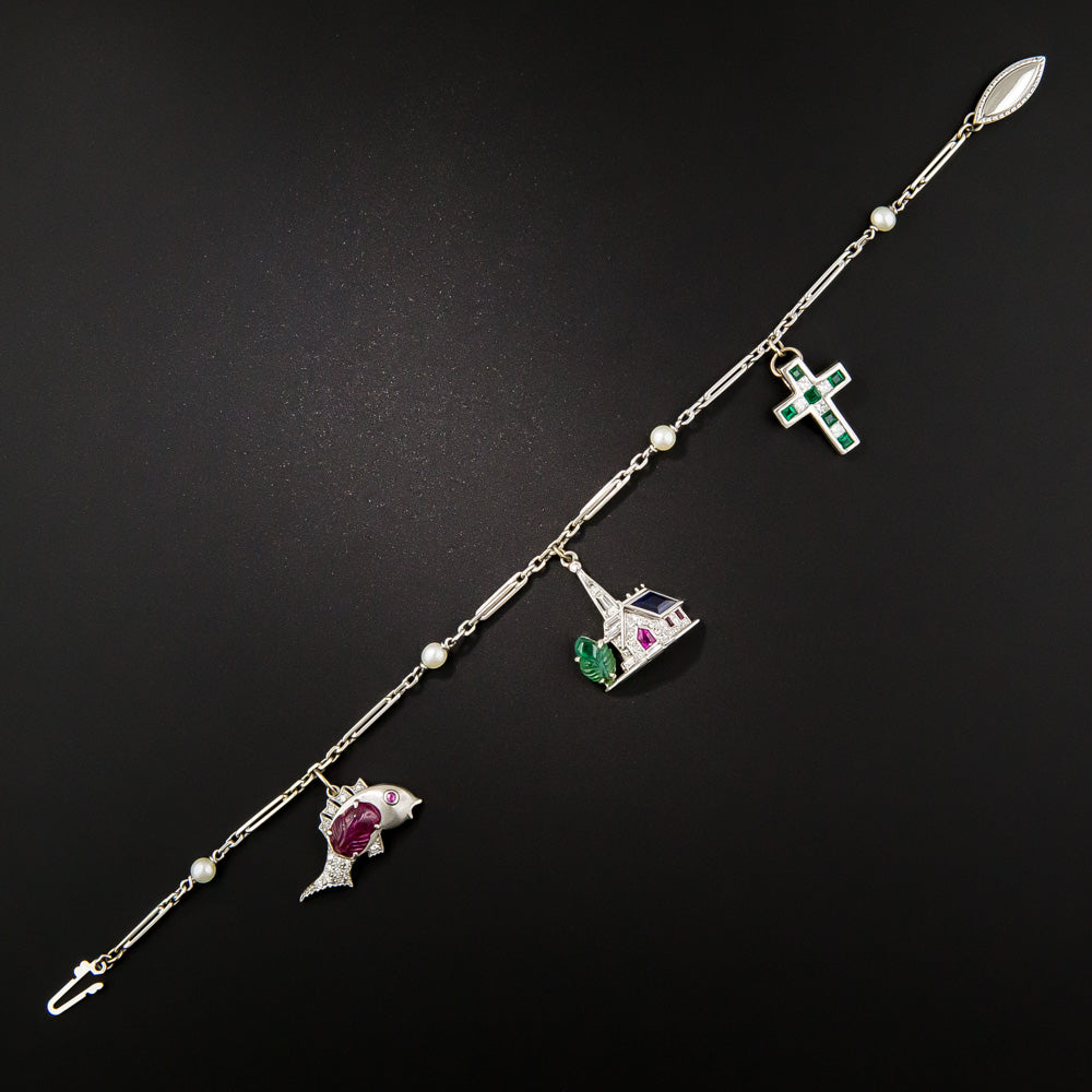 Art Deco Christian Symbols Charm Bracelet - 6