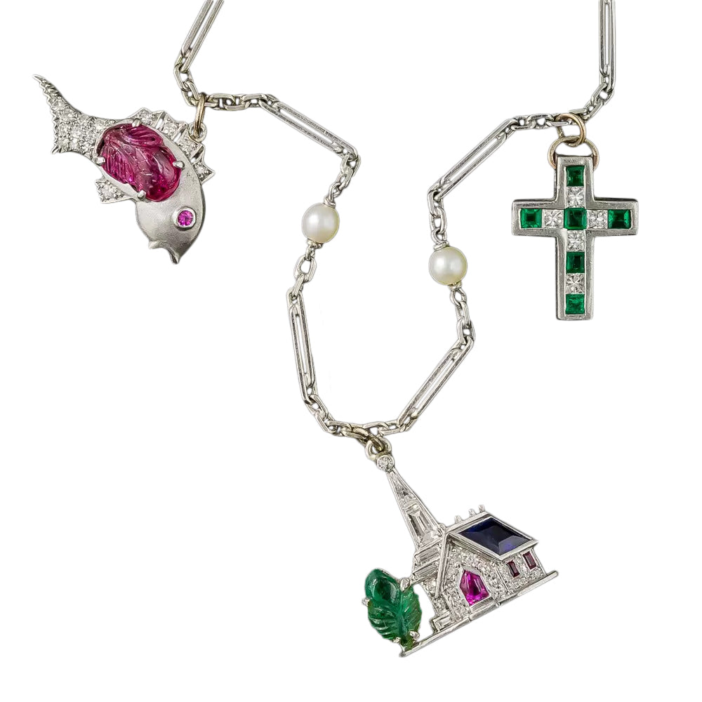Art Deco Christian Symbols Charm Bracelet - 8