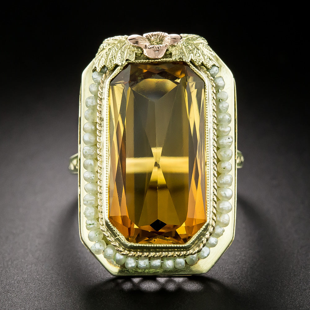 Art Deco Citrine and Pearl Tri-Color Gold Ring - 2