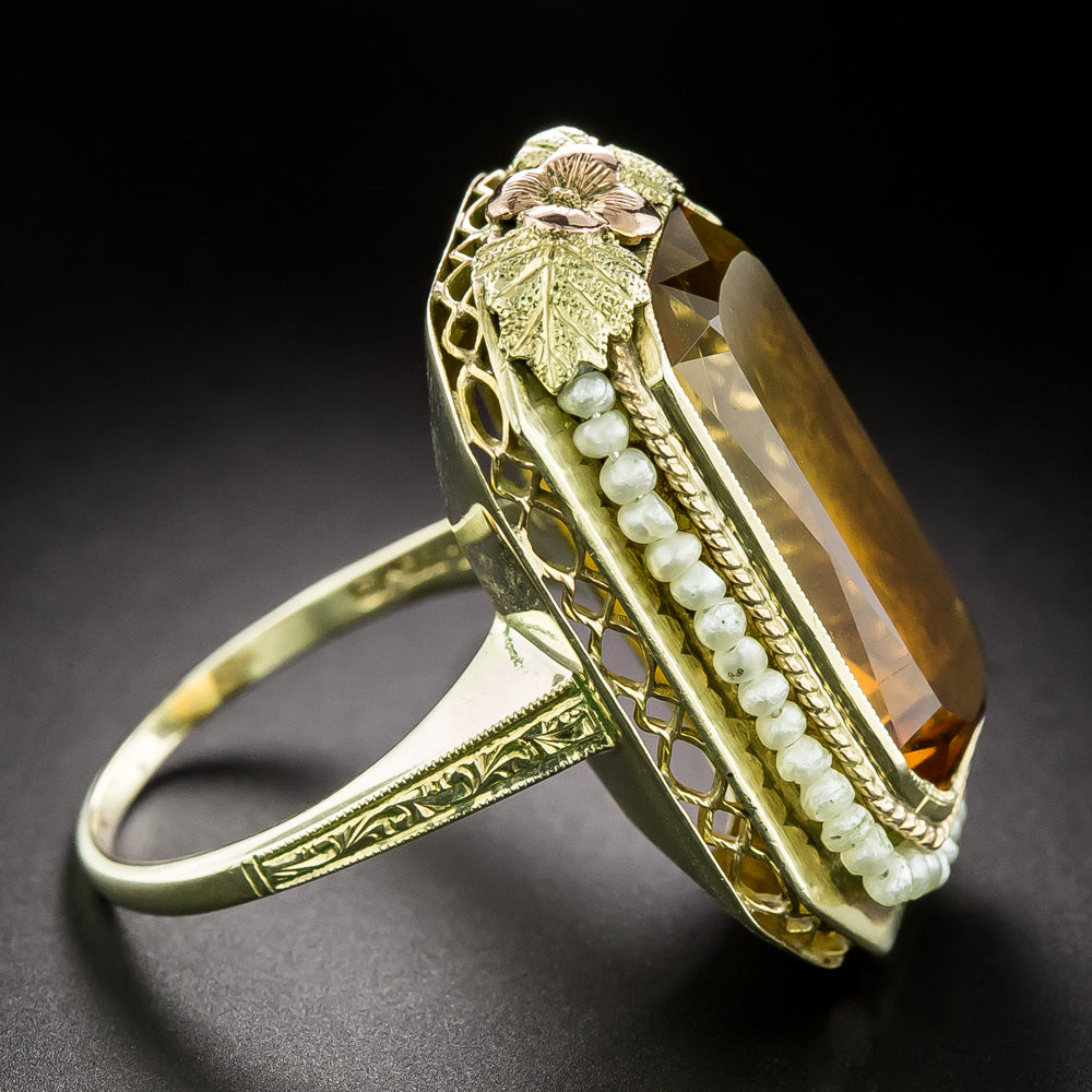 Art Deco Citrine and Pearl Tri-Color Gold Ring - 3