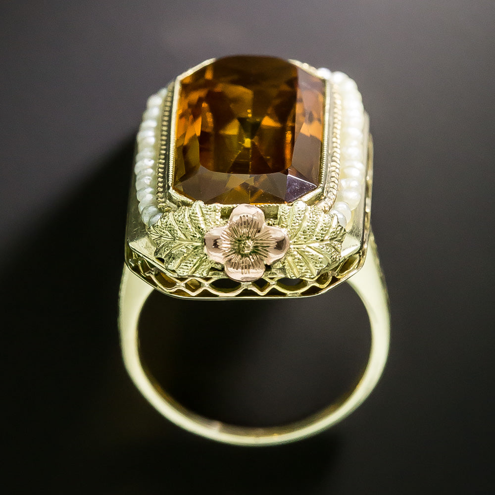 Art Deco Citrine and Pearl Tri-Color Gold Ring - 4