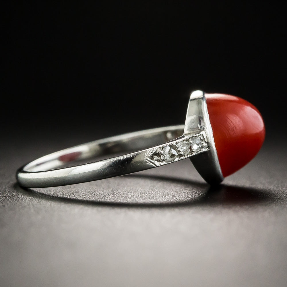 Art Deco Coral and Diamond Ring  - 4