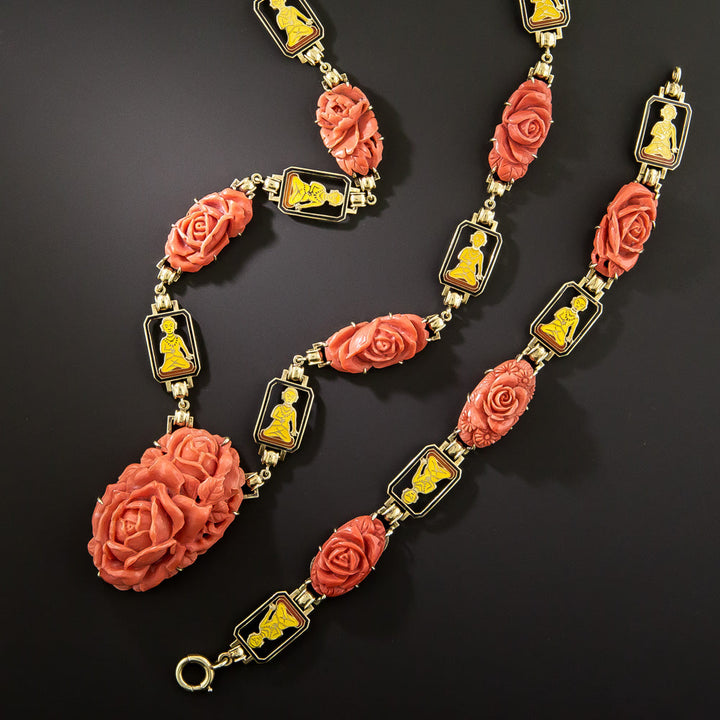 Art Deco Coral and Enamel Buddha Necklace and Bracelet