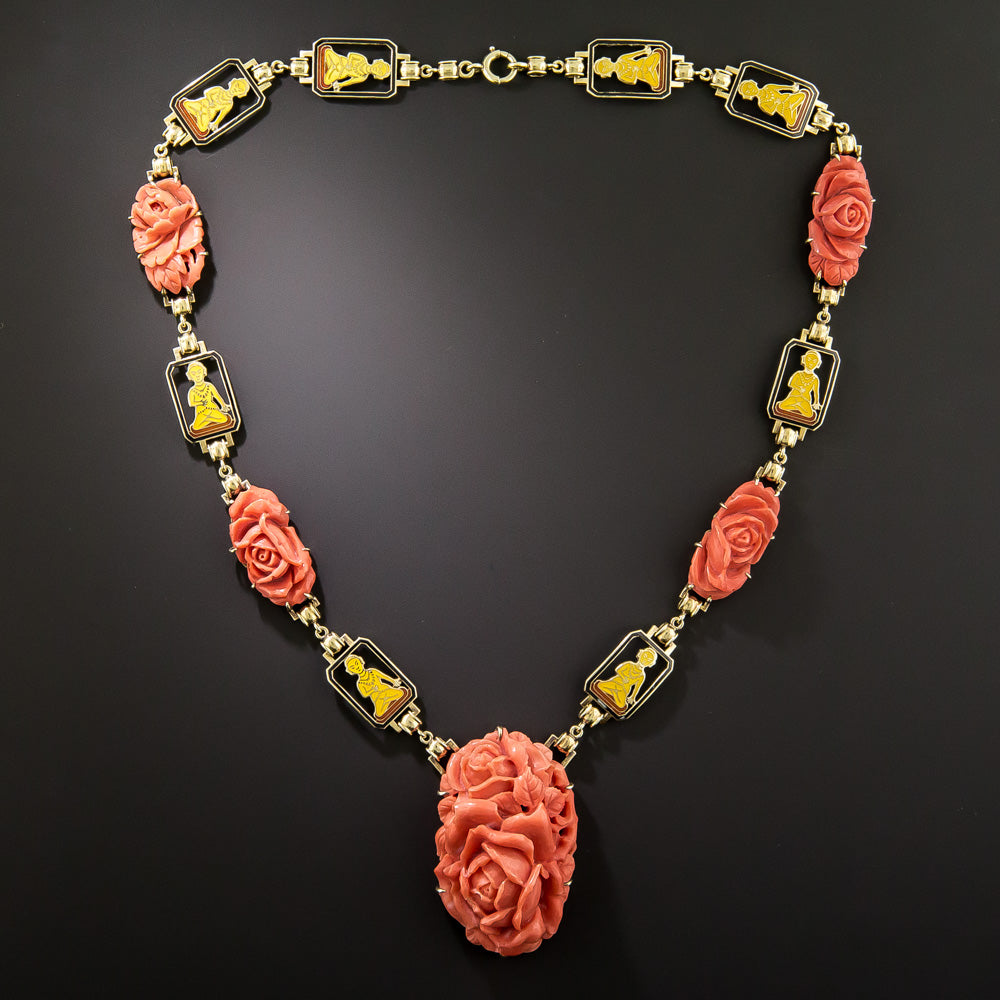 Art Deco Coral and Enamel Buddha Necklace and Bracelet - 3