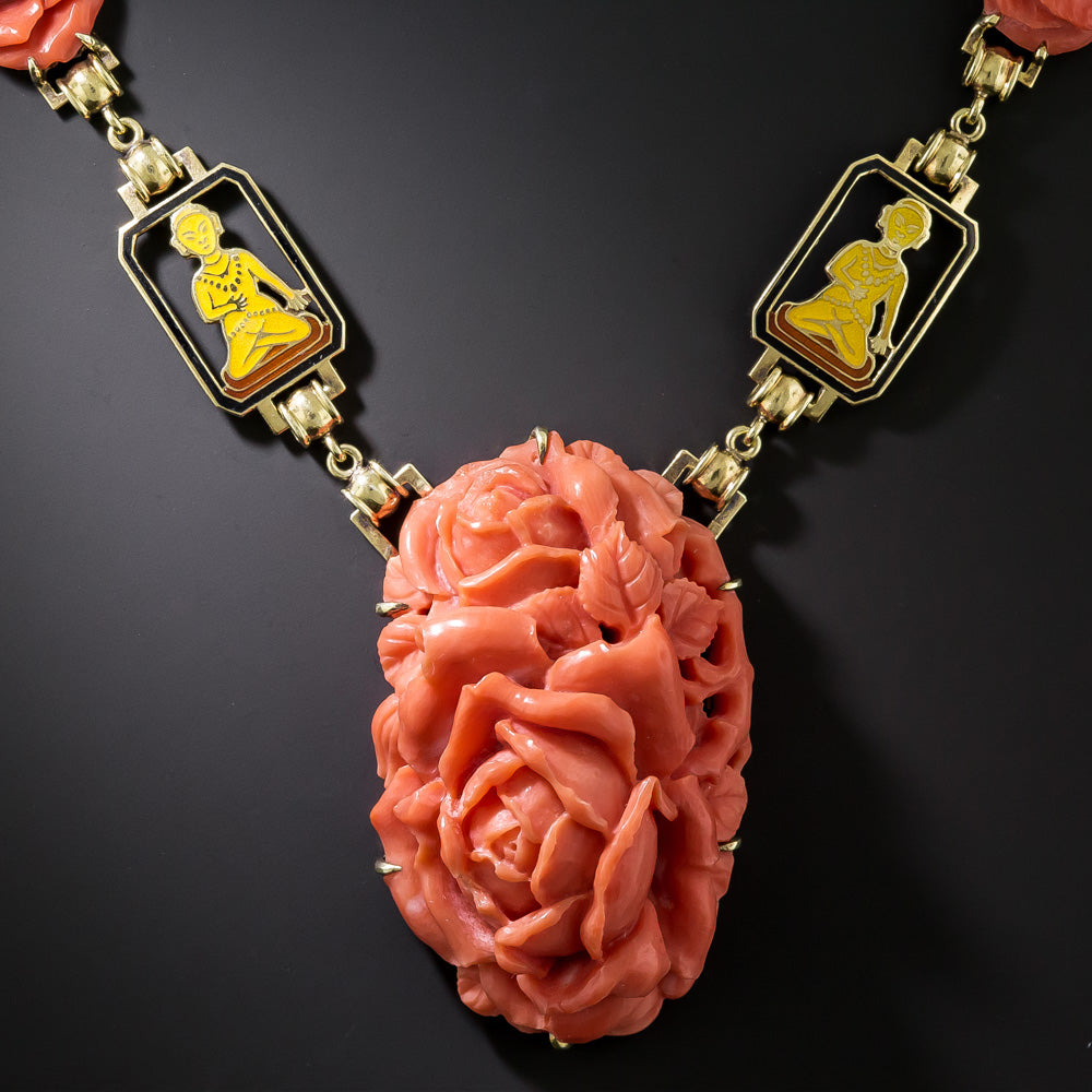 Art Deco Coral and Enamel Buddha Necklace and Bracelet - 4