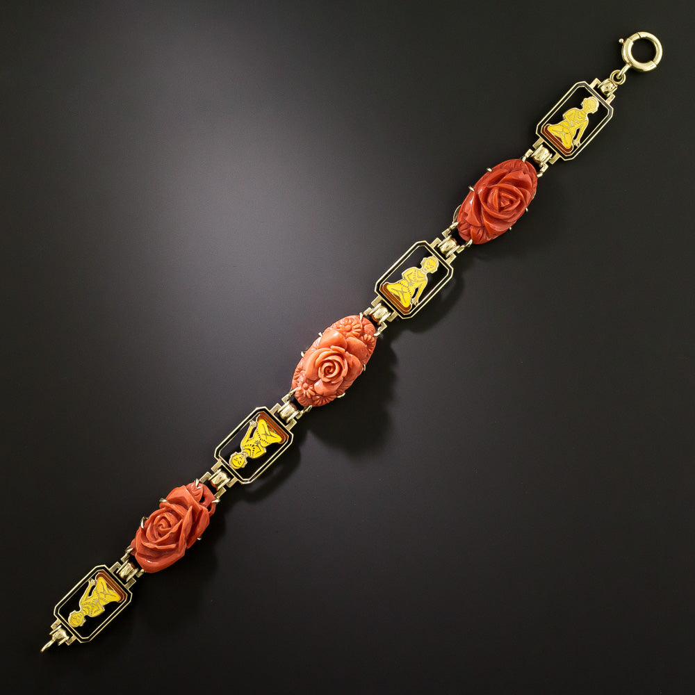 Art Deco Coral and Enamel Buddha Necklace and Bracelet - 5