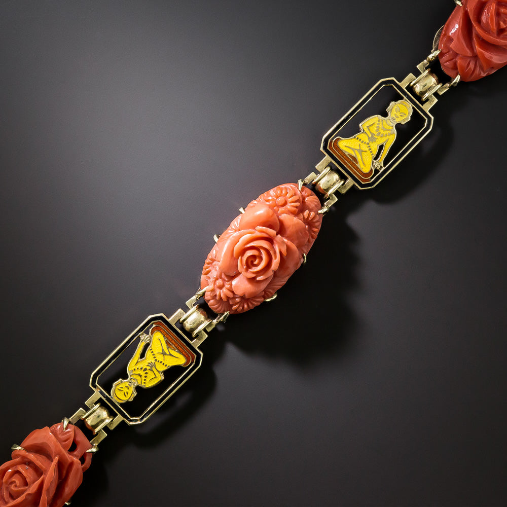 Art Deco Coral and Enamel Buddha Necklace and Bracelet - 6