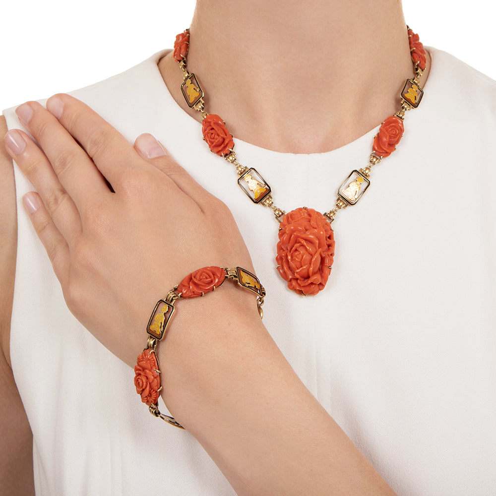Art Deco Coral and Enamel Buddha Necklace and Bracelet - 8