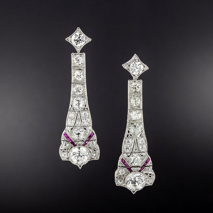 Art Deco Diamond and Calibre Ruby Dangle Earrings