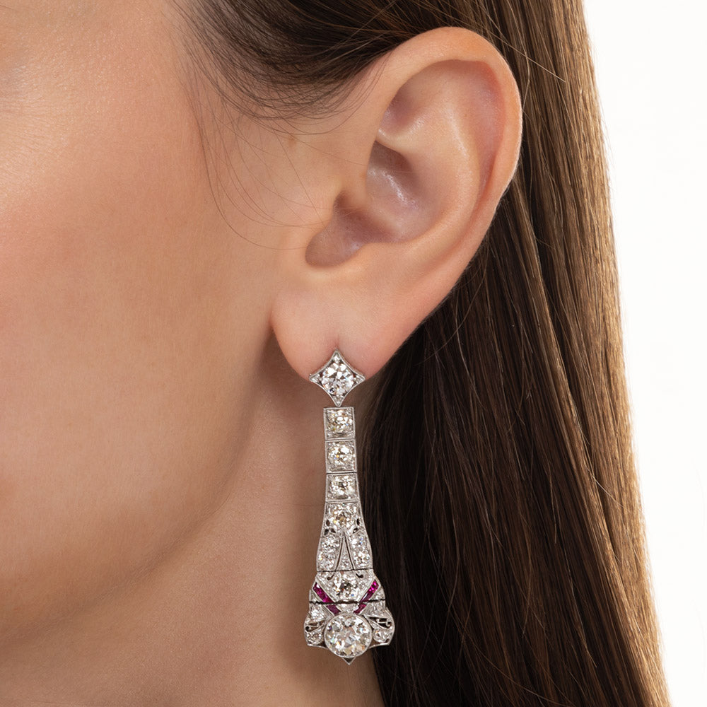 Art Deco Diamond and Calibre Ruby Dangle Earrings - 5