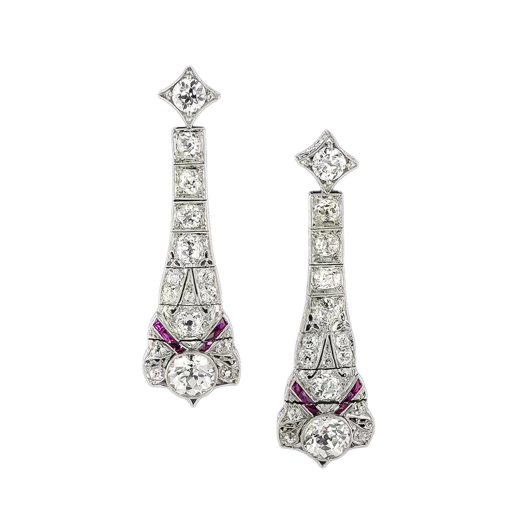 Art Deco Diamond and Calibre Ruby Dangle Earrings - 4