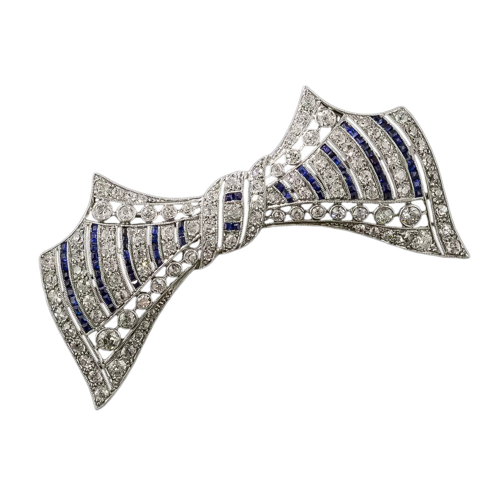 Art Deco Diamond and Calibre Sapphire* Bow Pin - 4