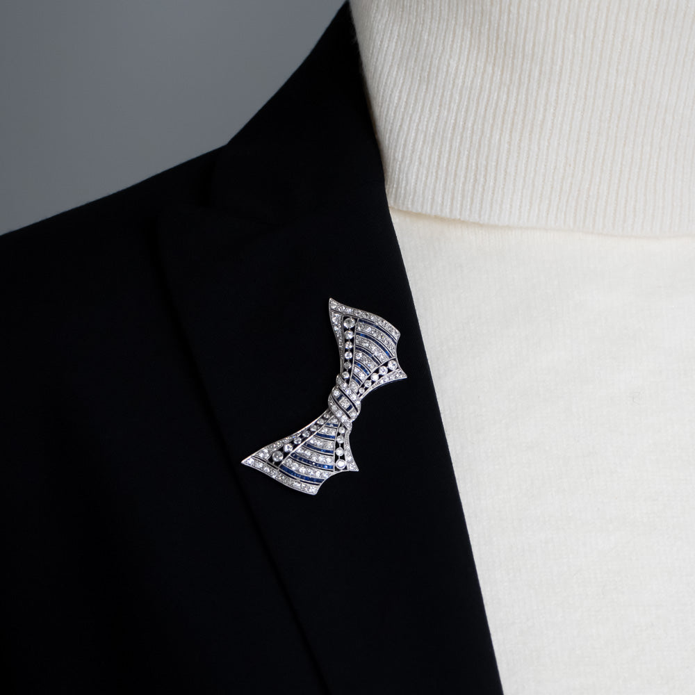 Art Deco Diamond and Calibre Sapphire* Bow Pin - 4