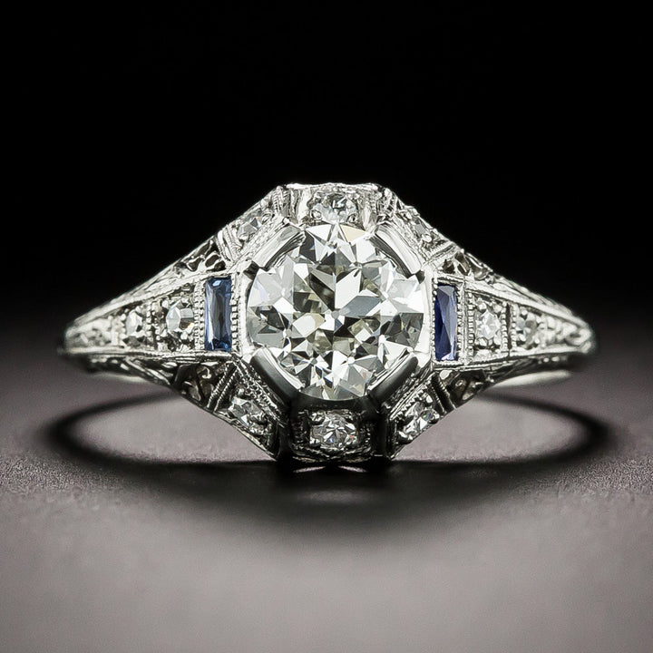 Art Deco Diamond and Calibre Sapphire* Engagement Ring - GIA K VS1