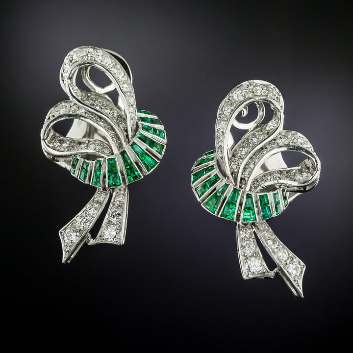 Art Deco Diamond and Emerald Bow Earrings