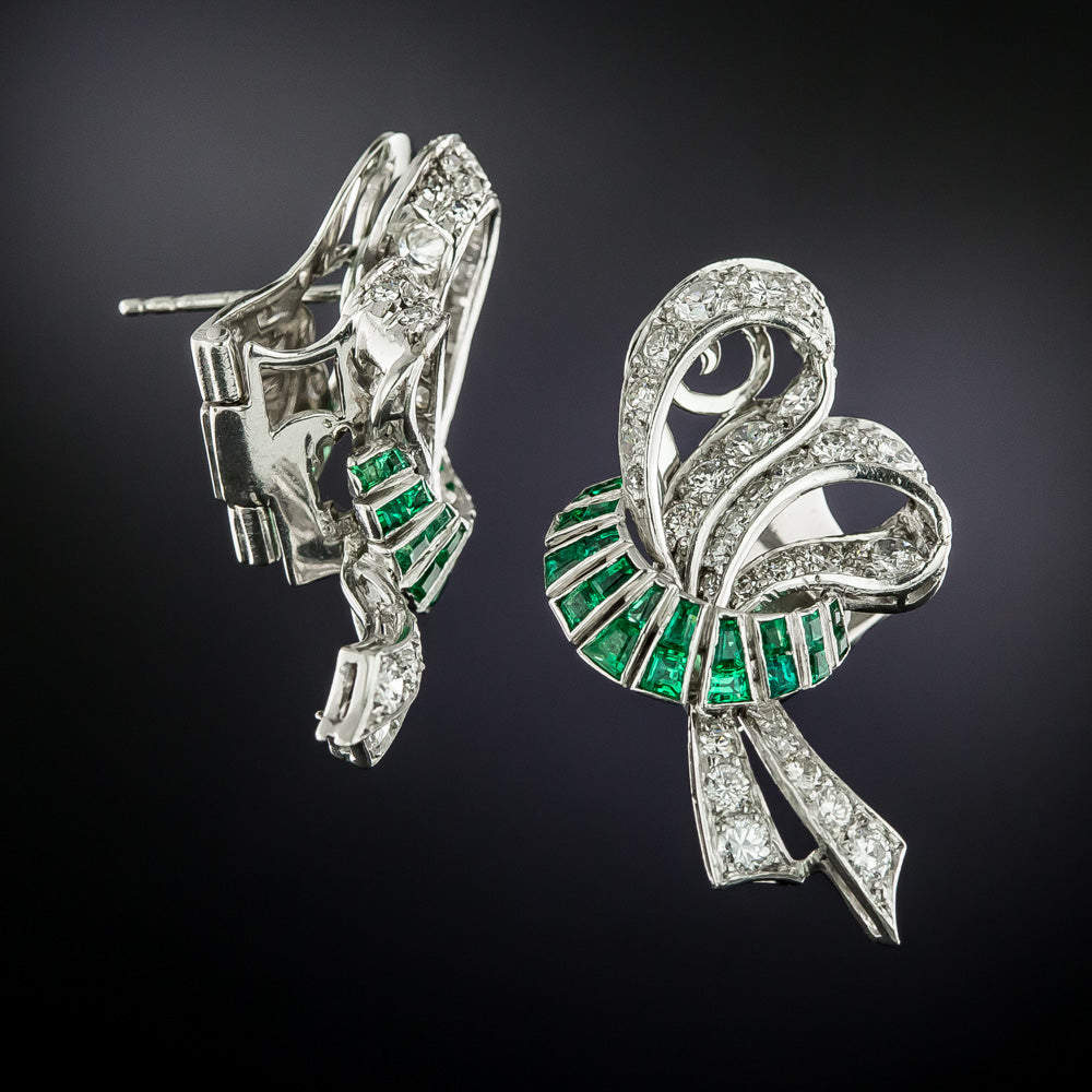 Art Deco Diamond and Emerald Bow Earrings  - 2