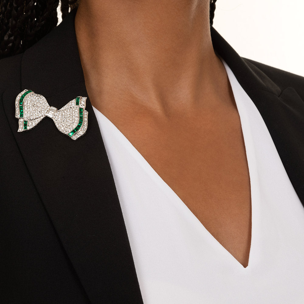 Art Deco Diamond and Emerald Bow - 5