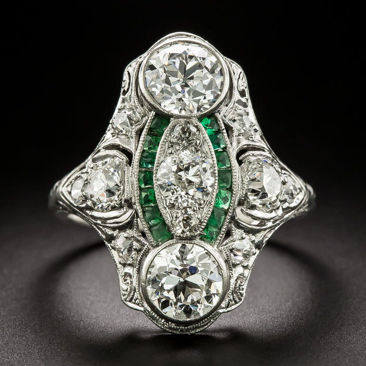 Art Deco Diamond and Emerald-Green Glass Dinner Ring