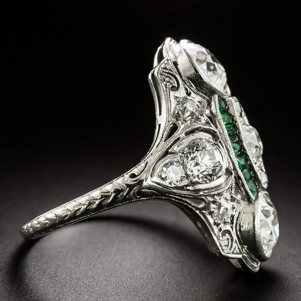 Art Deco Diamond and Emerald-Green Glass Dinner Ring - 3