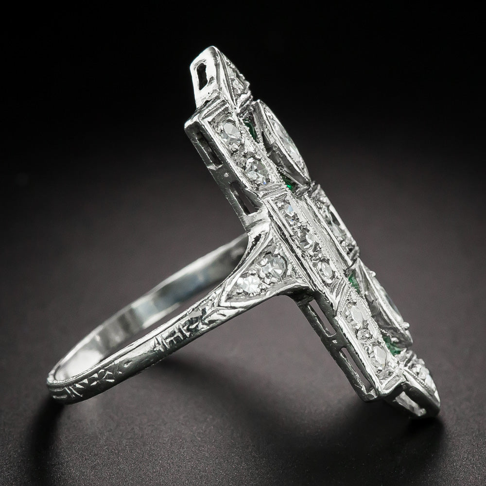 Art Deco Diamond and Emerald-Green Glass Dinner Ring - 3