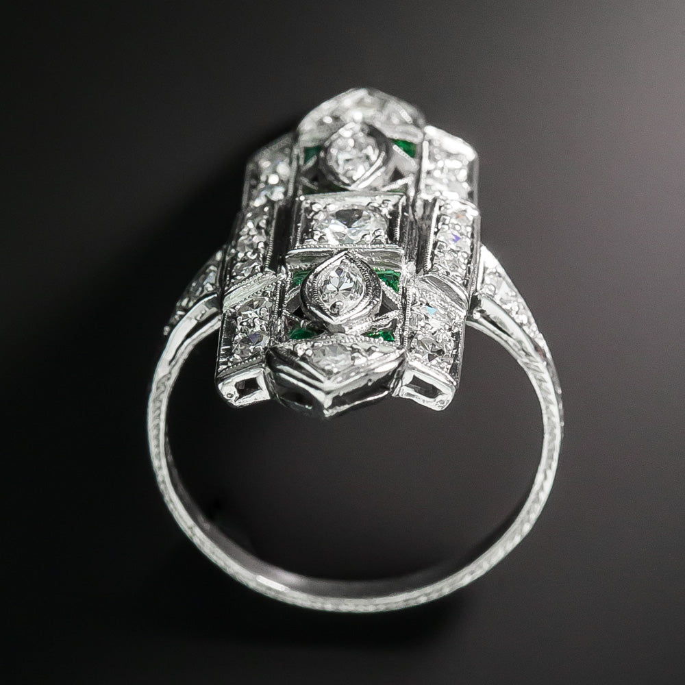 Art Deco Diamond and Emerald-Green Glass Dinner Ring - 4