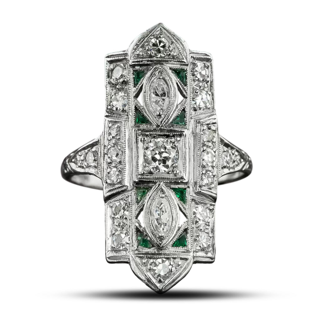 Art Deco Diamond and Emerald-Green Glass Dinner Ring - 4