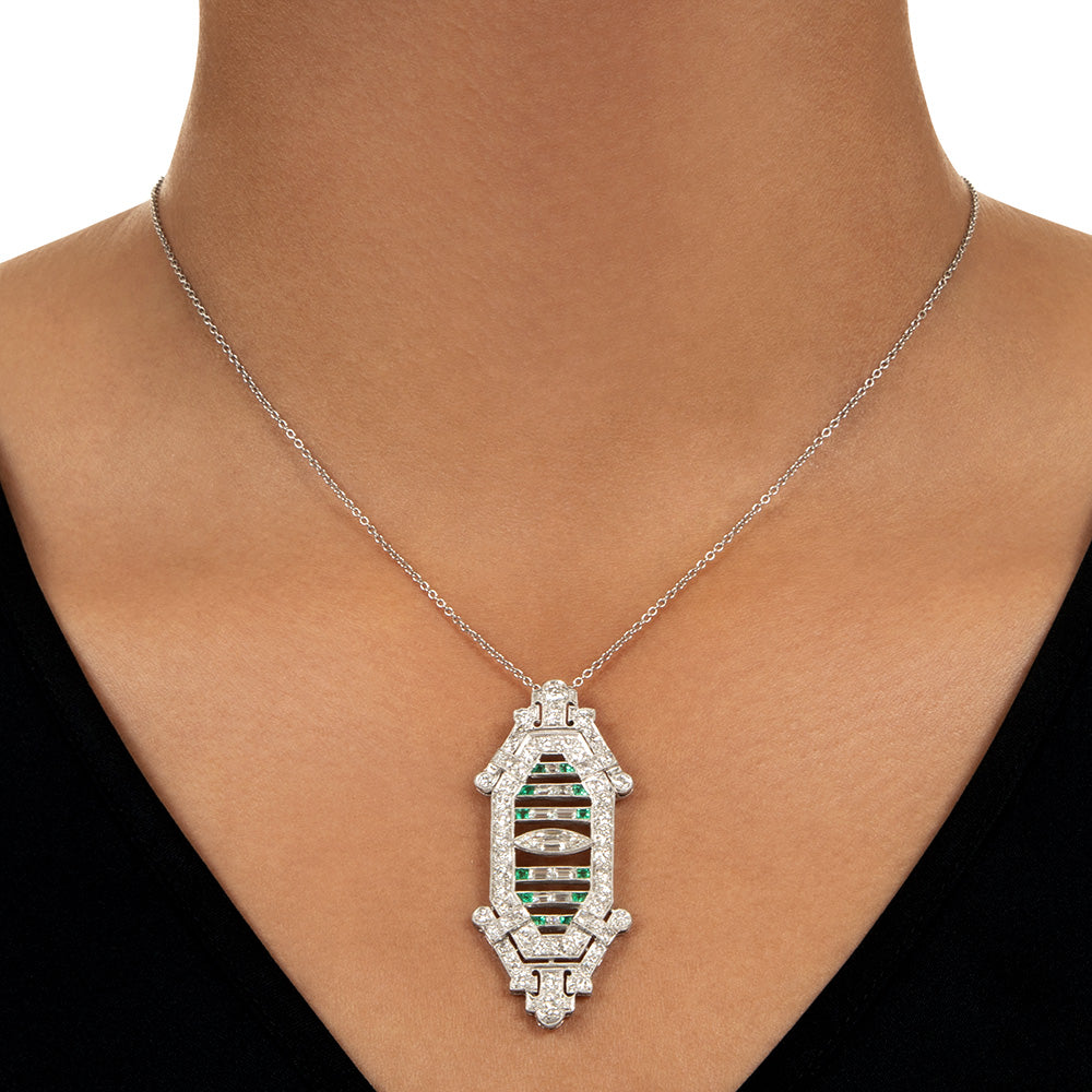 Art Deco Diamond and Emerald Pendant - 3