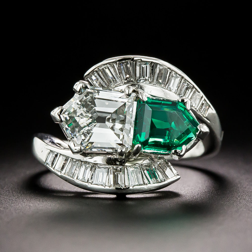 Art Deco Diamond and Emerald Toi et Moi Ring - GIA F SI1 / F1 - 2