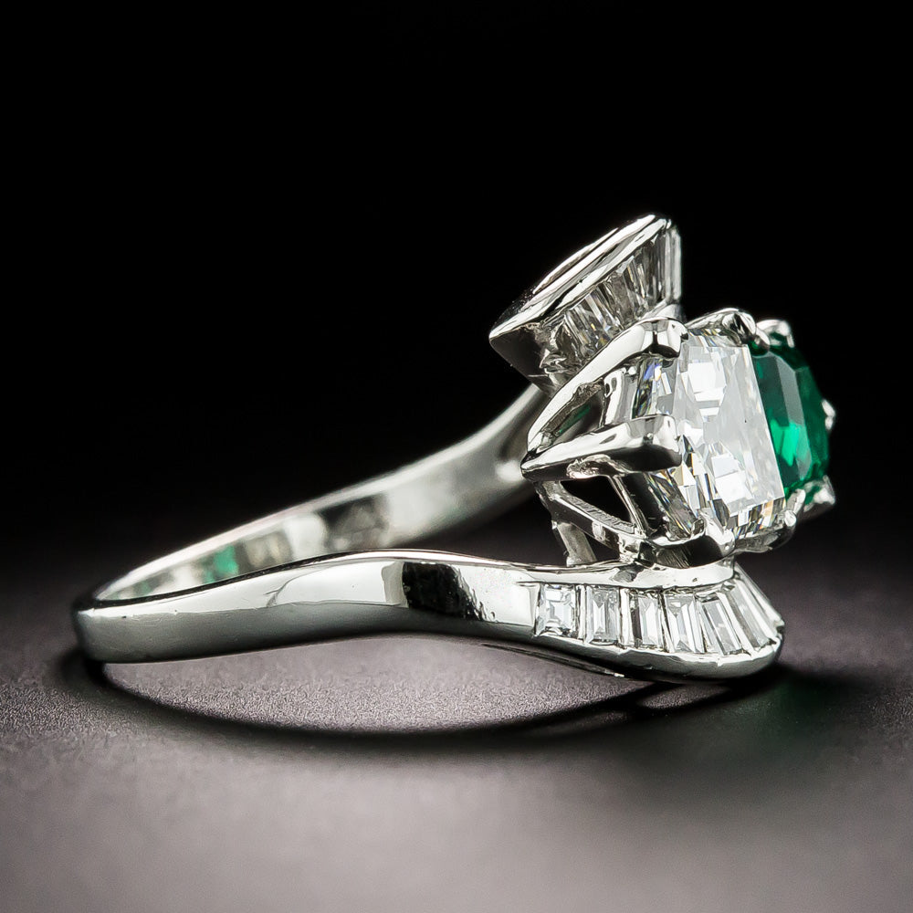 Art Deco Diamond and Emerald Toi et Moi Ring - GIA F SI1 / F1 - 3