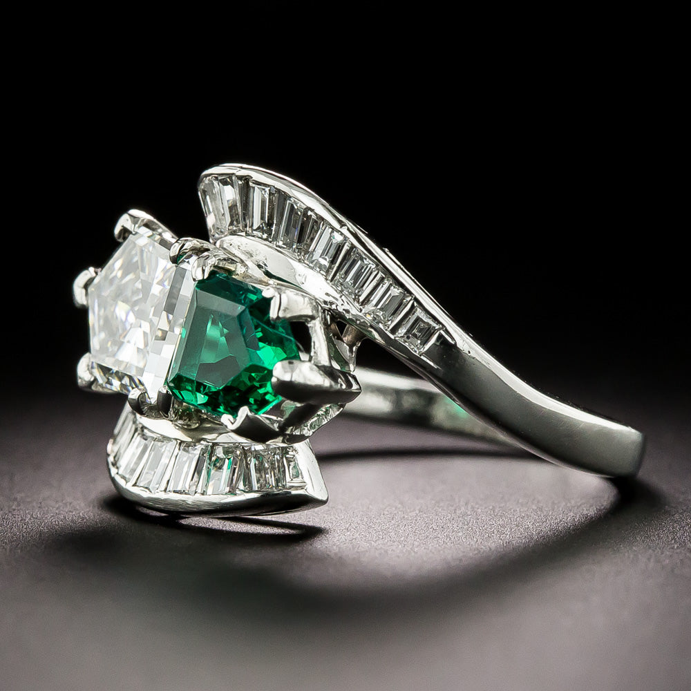 Art Deco Diamond and Emerald Toi et Moi Ring - GIA F SI1 / F1 - 4