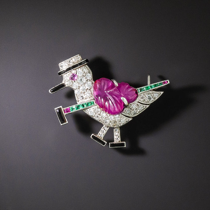 Art Deco Diamond And Gem-Set Bird with Walking Stick Brooch