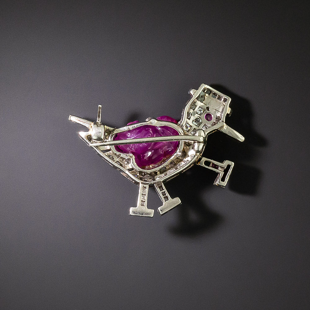 Art Deco Diamond And Gem-Set Bird with Walking Stick Brooch - 3