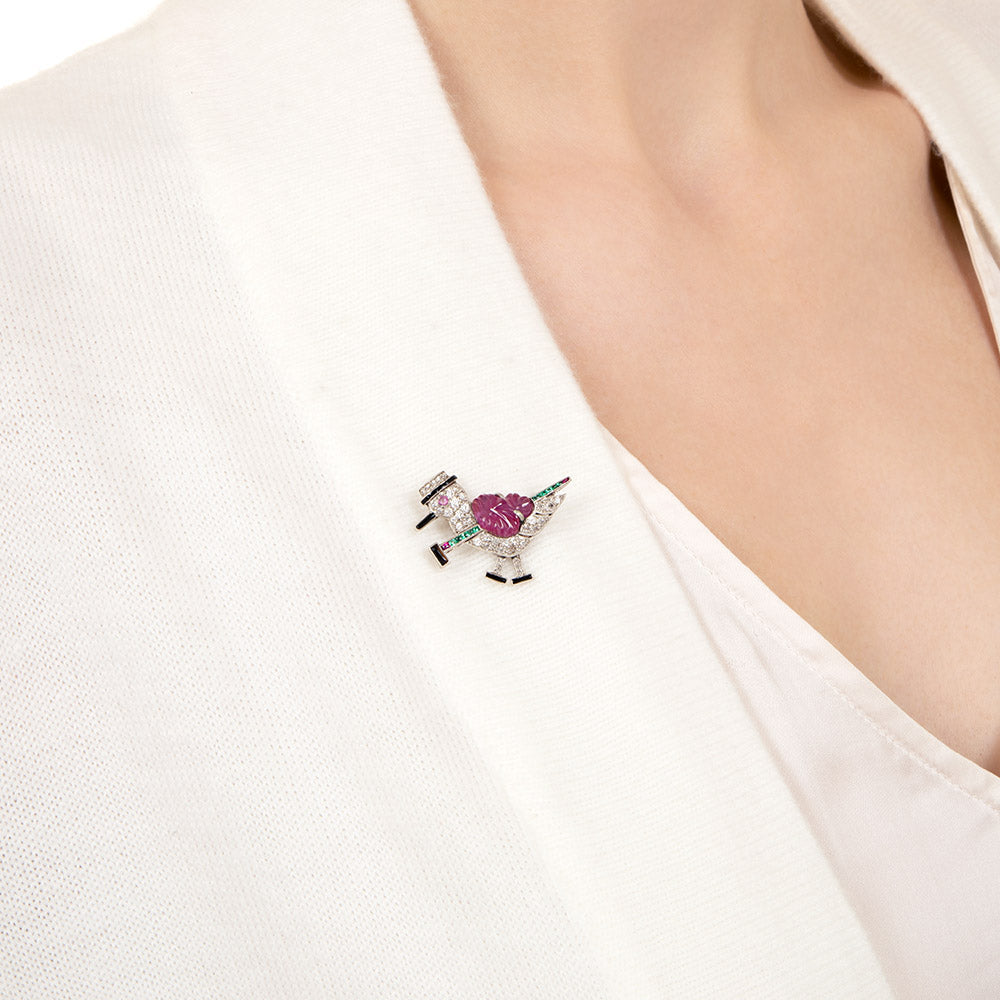 Art Deco Diamond And Gem-Set Bird with Walking Stick Brooch - 4