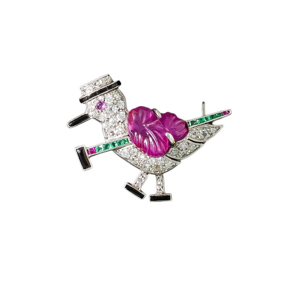 Art Deco Diamond And Gem-Set Bird with Walking Stick Brooch - 4