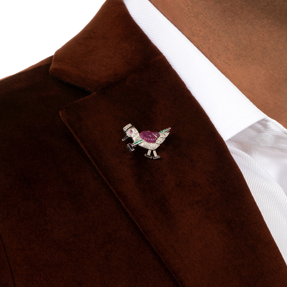 Art Deco Diamond And Gem-Set Bird with Walking Stick Brooch - 5