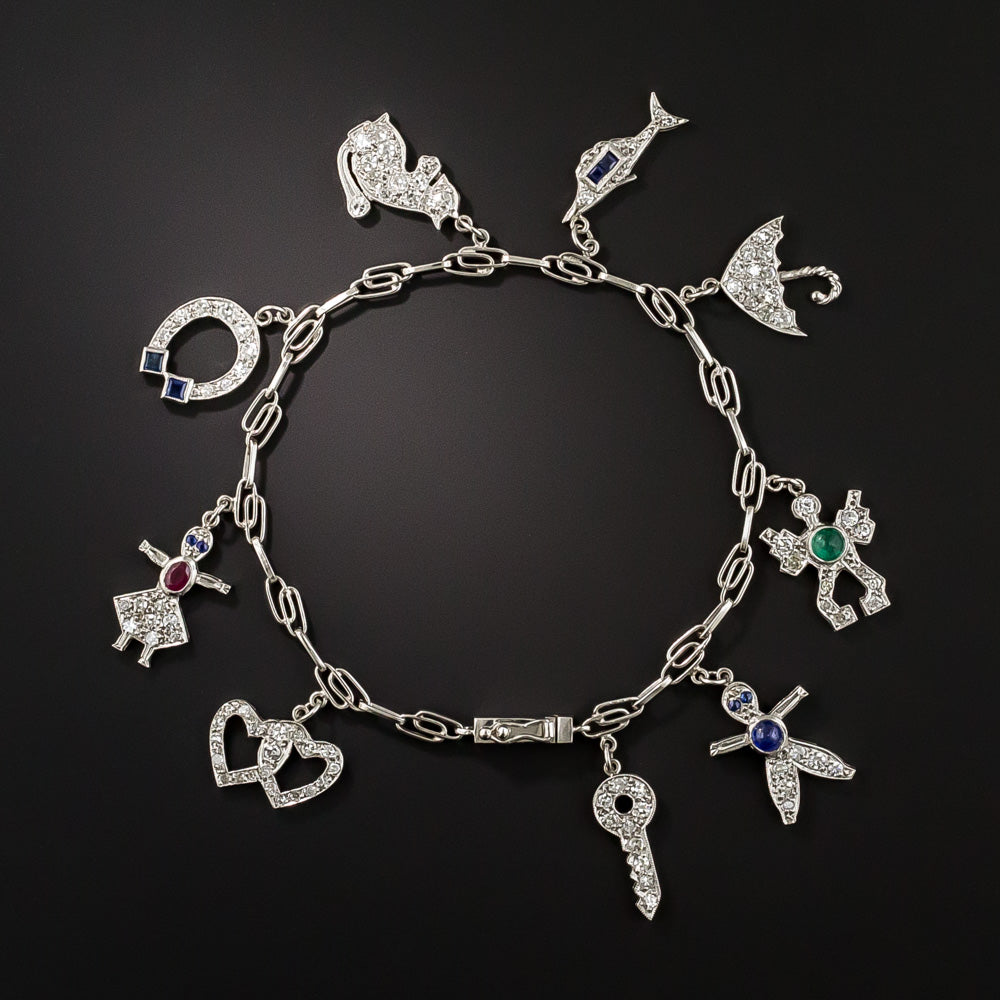Art Deco Diamond and Gemstone Charm Bracelet - 1