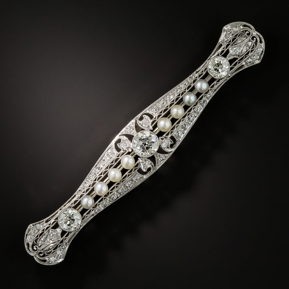 Art Deco Diamond and Natural Pearl Filigree Bar Pin - 1