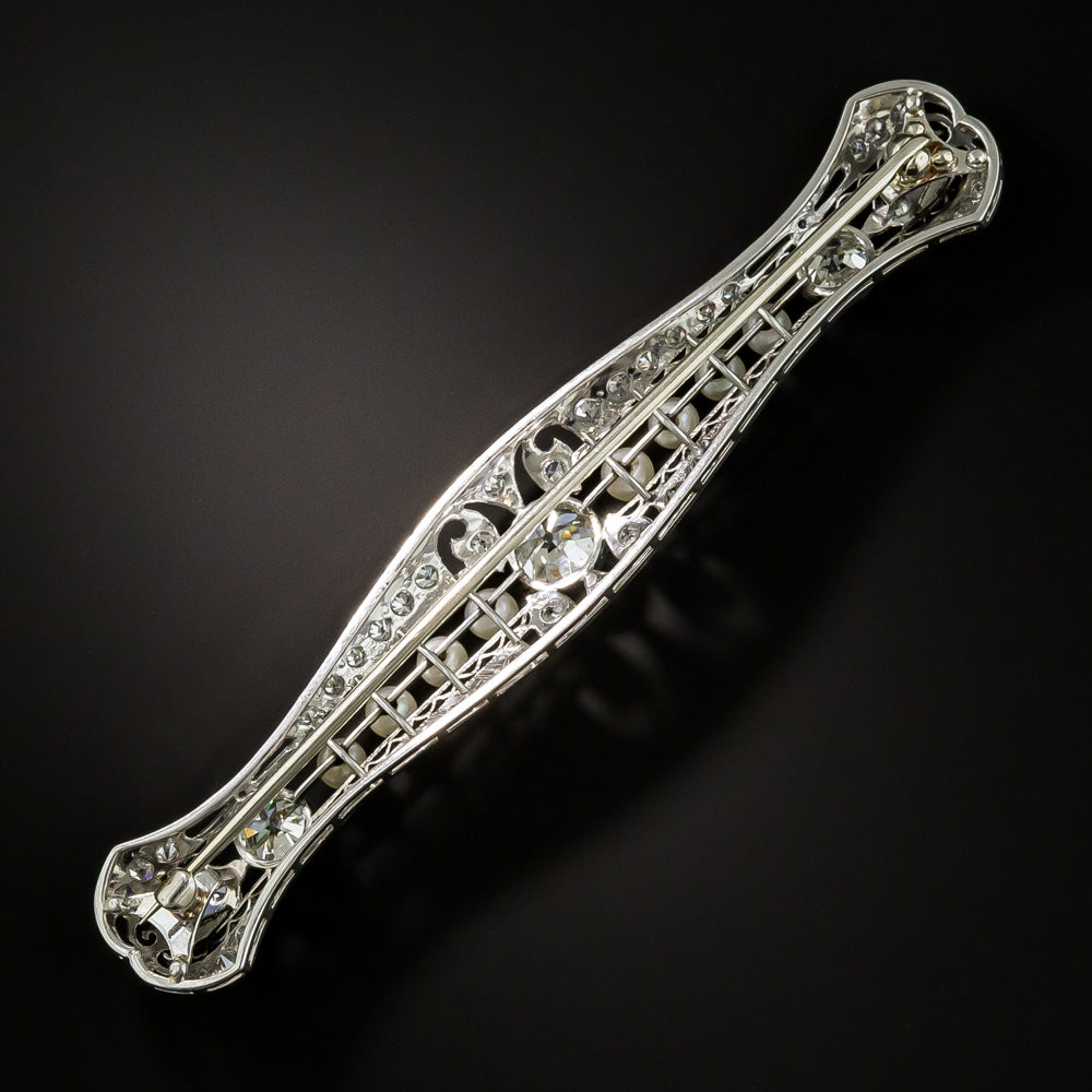 Art Deco Diamond and Natural Pearl Filigree Bar Pin - 2